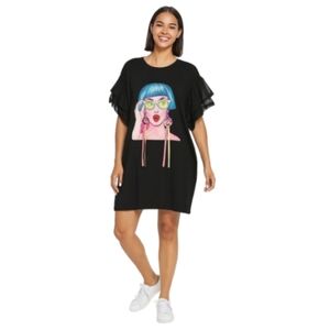 NWT Ellazhu Girl Face Print‎ Black Dress One Size